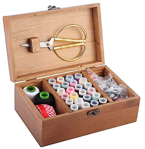 Cikonielf Nähkasten aus Holz Multifunktions-Vintage-Nadelfaden-Aufbewahrungskoffer DIY-Nähstrickwerkzeug Zubehör Nähset Fächer(Tower Pattern Sewing Kit Box)