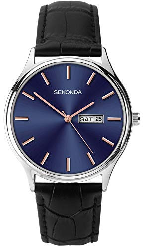 Sekonda Black Leather Midnight Blue and Rose-Gold Dial Watch 1701