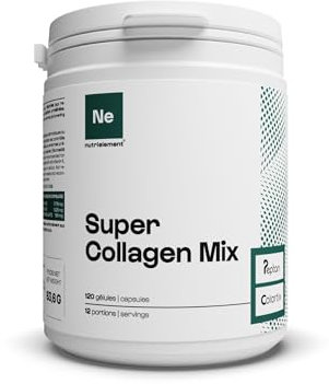 Nutrielement - Super Collagen Mix (Type 1 et 2) - 120 gélules - Synergie collagène hydrolysé - Complément alimentaire Peau, Cheveux, Ongles, Os et Articulations | By Nutrimuscle