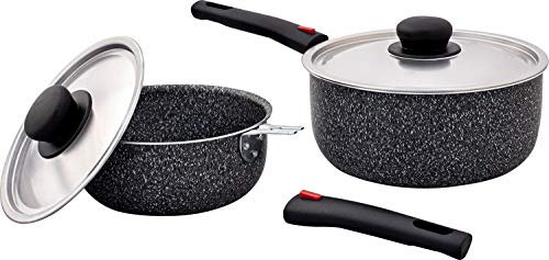 BERGER Stone Rock Aluminium Kasserollen Set 6-TLG. │ 2 Kochtöpfe mit Griff + Deckel stapelbar │ Camping Kochgeschirr für Küche Wohnwagen Topf Kochen Essen Topf Set Camping Topf Camping Topfset