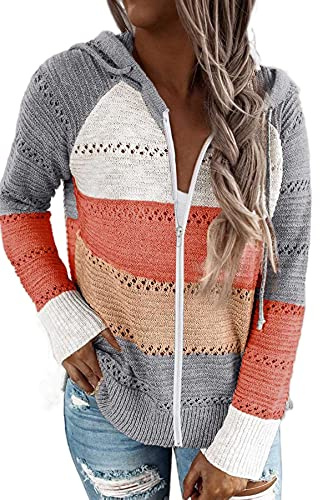 GOLDPKF Zip Hoodie Damen Cardigan Damen Lang Hoodie Jacke Damen Langarmshirt Damen Hoodies Hohler Pullover Gestreift Farbanpassung Sweatshirt Hoodie Grau XL 48-50