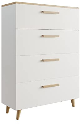 MATKAM Schubladen-Kommode Oslo in moderner Optik, B80 x H112 x T40 cm, 4 Schubfächer mit Holzgriffen (Artisan Eiche-Weiß)