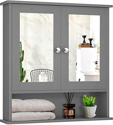 CASART Bathroom Mirror Cabinet, Wall Mounted Storage Cupboard with Double Doors and Adjustable Shelf, Wooden Display Organiser Unit for Kitchen Living Room (Grey)