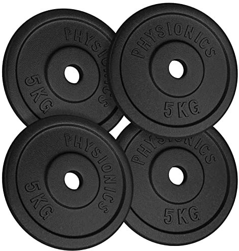 Physionics® Gusseisen Hantelscheiben Set - 2x5/4x5/6x5/2x10/4x10/6x10/2x15/4x15/6x15/2x20/4x20/6x20 kg, Ø30mm Bohrung, für Langhantel und Kurzhantel - Gewichtsscheiben, Gewichte Set (4 x 5kg (20kg))