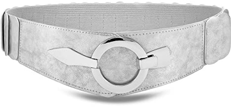 WHIPPY Breit Elastischer Taillengürtel Damen Hüftgürtel Vintage Stretchgürtel mit silberner Ring-Schließe,Silber,95cm