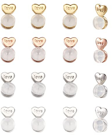 Bestewelry 20 tuercas de silicona en forma de corazón con hallazgos de latón platino y plata para pendientes con bloqueo para orejas sensibles, aretes y pendientes, C, Poliamida