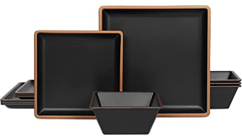 Gofunfun Melamine Dinnerware Sets Service for 4, Square Dinner Plates and Bowls Set,12-Piece Set Non-breakable Lightweight Dinner Tableware for Indoor/Outdoor Use