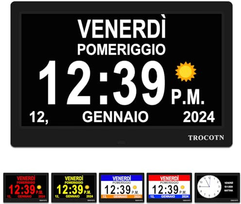 TROCOTN Grande orologio digitale per anziani, con calendario, grande display con allarmi personalizzati, orologio da parete con giorno e data, sveglia, orologio da scrivania (10 Pollici, nero)