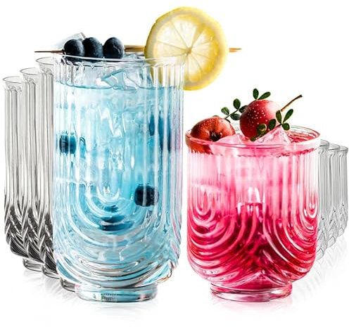 Set di 8 bicchieri da cocktail Art Deco, bicchieri highball, a coste, bicchieri da bere, bicchieri unici, bicchieri da caffè, ideali per whisky, birra, succhi di frutta, acqua