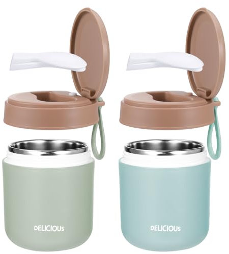 Jostift 2 Stück Edelstahl Thermobehälter für Essen Kinder mit Löffel, 430ml Warmhaltebehälter Essen Thermobecher Müslibecher to Go Edelstahl Thermobecher Babybrei für Kinder (grün+blau)