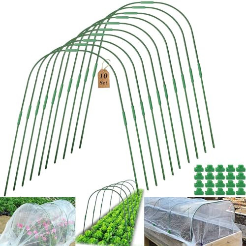 Cerchi da giardino per aiuole rialzate, set da 10 pezzi, 63 x 79 cm, fai da te, staccabili, antiruggine, per serra, tunnel da giardino, telaio di supporto con 20 clip per copertura delle piante,