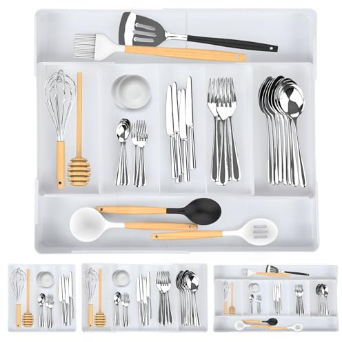 Qivine Cutlery Drawer Organiser, Expandable Cutlery Tray for Kitchen Drawer with 7 Compartments, Adjustable Utensils and Silverware Holder, Flatware Spoons Forks Knives Holder Storage