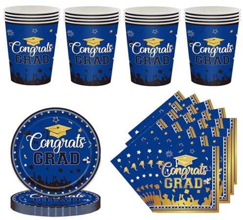 52Pcs Blue Graduation Tableware Kit for 16 Guest,2026 Graduate Paper Tableware 16Pcs Graduate Plates,16Pcs Paper Cups and 20p Napkin in Blue,Graduation Dinnerware Set for Grad Party Decor Supplies