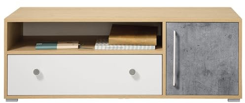 Lomadox Jugendzimmer Lowboard Fernsehschrank 120cm in Eiche mit Betonoptik und weiß
