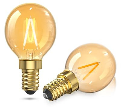 Lamptobe E14 LED Light Bulb Warm White, 1W Small Screw Light Bulb 2200K G40 SES Mini Golf Ball Bulb 10W Equivalent Vintage Screw in Filament Bulb for Decoration, Lamps(Amber Glass, Non-DIM, 2PCS)