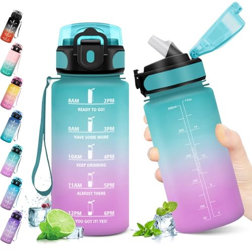 KollyKolla Barnvattenflaska 500 ml, sportvattenflaska med motiverande tidsindikator, vattenflaska med sugrör, 1 klick öppen, vattenflaska för barn, skola, cykel, gym