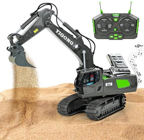 Ulikey Escavatore Telecomandato Giocattolo, Escavatore RC Ricaricabile con Suono e Luci, Il Braccio Dell'Escavatore può Essere Sollevato e Abbassato, Giocattolo Idraulico Digger per Bambini (Verde)