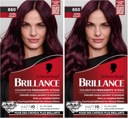 Schwarzkopf - Brillance - Coloration Cheveux Permanente Intense - Eclat Diamant - Couverture Parfaite des Cheveux Blancs - Masque Soin Fixateur de Couleur - Ultra Violet 860 (Lot de 2)