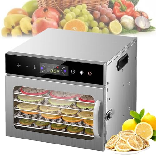 VFMVOYNZ Déshydrateur Alimentaire 6/8/12/18 Plateaux, écran Tactile, minuterie 24 Heures et température réglable de 30 à 90 ℃, Machine de lyophilisation en Acier Inoxydable(6-Trays)