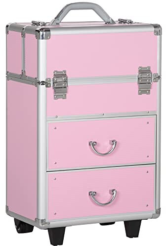 HOMCOM Valigetta Per Trucchi Professionale, Trolley Porta Trucchi Nero, Valigetta Professionale, Rinforzato in Alluminio e Acciaio, Blocco con 2 Chiavi e Ruote, 36x23x58cm, Rosa