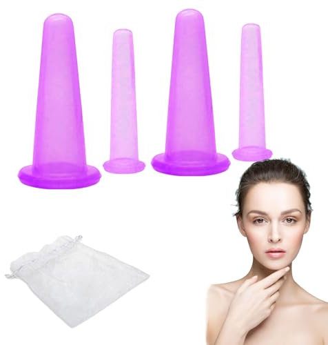 4 bicchieri in silicone per il viso, 2 misure con sacchetto di conservazione, coppetta per il viso e gli occhi, strumenti manuali per il massaggio (viola)