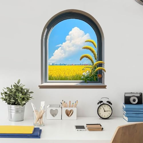 SUPERDANT Adesivi Murali per Finestre Ad Arco 3D Adesivo Da Parete per Paesaggi di Campi di Riso 3D Decalcomanie Adesivi per Finestre Murales per Decorazioni Staccabile e Attaccabile 70x30CM