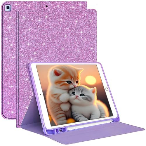 EspZanthic Funda para iPad 9/8/7 (10.2 Pulgadas, 2021/2020/2019, 9ª/8ª/7ª Generación) con Soporte para Lápices, Cubierta Brillante Inteligente, Purpurina Violeta