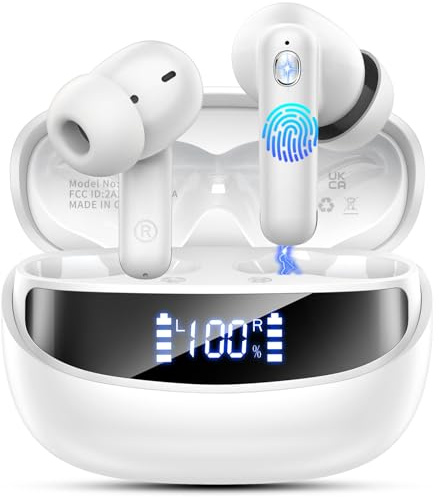 Nerunsa Bluetooth Kopfhörer, Kopfhörer Kabellos Bluetooth 5.4 HiFi Stereo, In Ear Kopfhörer mit ENC Noise Cancelling Mics, IP7 Wasserdicht Ohrhörer, 50 Std Spielzeit Kabellose Kopfhörer mit LED,Weiß
