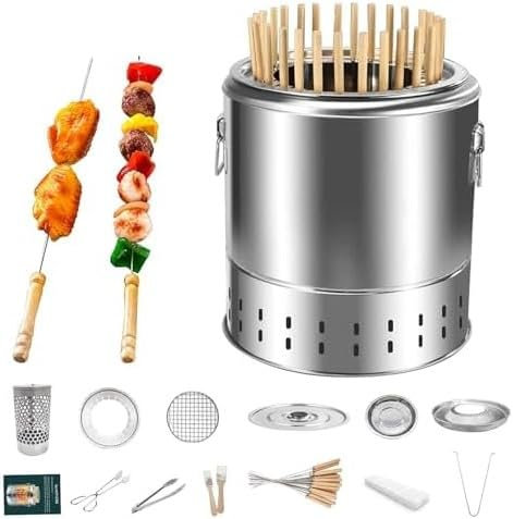 Barbecue a carbonella senza fumo, in acciaio inox, con spiedini per kebab per arrostire a tutto tondo, perfetto per avventure all'aria aperta