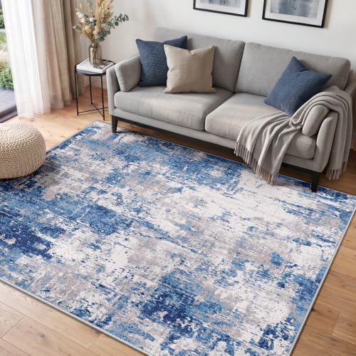 INOVADAY Abstrakt Waschbarer Teppich 120x180 cm Blau/Grau | Teppich Wohnzimmer, Teppich Waschbar, Schlafzimmer, Esszimmer, Büro, Moderne Minimalistische, Kurzflor Weich Rutschfest, OEKO