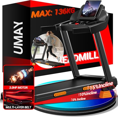 UMAY Tapis Roulant Salvaspazio con Inclinazione 15%, Tapis Roulant Elettrico 12KM/H, Tapirulan Pieghevole da Casa con Motore da 3.0 HP e Display LED, Carico Massimo 136KG