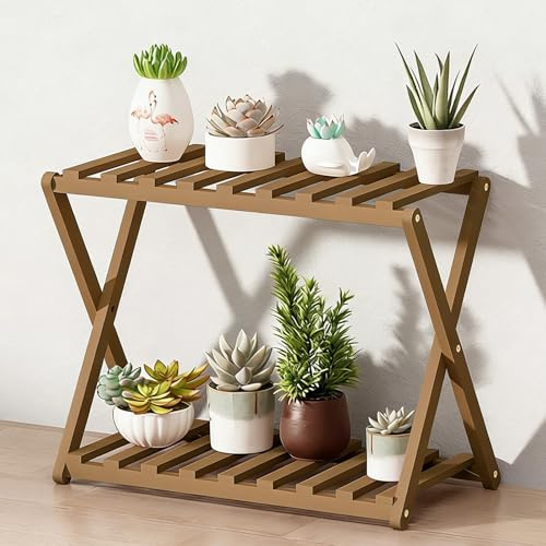 SXKLYRF 2 Tier Shoe Rack, Bamboo Plant Stand Indoor, Narrow Show Rack for Entryway Patio Balcony Living Room(Brown,48cm/19in)