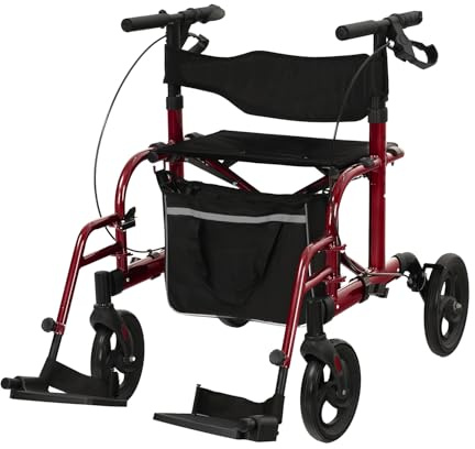 AEVITAL Déambulateur pliable 2 en 1 pour fauteuil roulant, pliable et léger, avec siège, en aluminium, avec porte-canne et sac de courses amovible, déambulateur étroit pour appartement (Rouge)