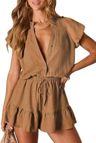 Canli4Y kort jumpsuit dam kortärmad overall vår sommar vida ben playsuit elegant festlig byxdräkt för strand, semester, vardag, kaki, L