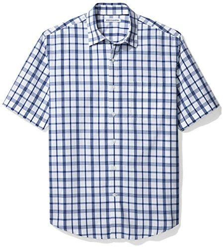 Amazon Essentials Men's Regular-Fit Short-Sleeve Poplin Shirt, Dark Blue White Plaid, S