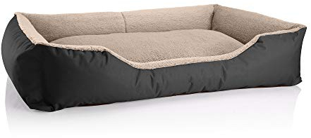 BedDog Hundebett Teddy, Hundesofa aus Cordura und Microfaser-Velours, waschbares Hundebett mit Rand, Hundekissen Vier-eckig, für drinnen, draußen, Größe XXL, schwarz-beige
