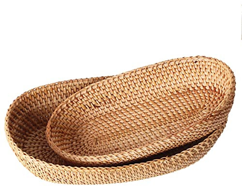 i-lan Set mit 2 ovalen Rattan-Brotkörben, 33 cm, handgewebter Weidenkorb, lang mit 6,9 cm Wand, dekorativer schmaler Servierkorb, Boho-Schüssel für Obst, Lebensmittel, Snack, Braun, 2 Größen: S + L