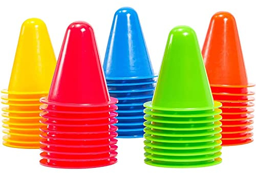 Mini Plastic Cones - Durable Polyethylene & Soccer Training Equipment - Classroom Activities & PE Supplies for Elementary - Dance Practice & Dance Teacher Supplies - Pack of 50, Assorted Colors, 3 in
