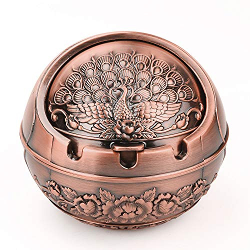 LAUYOO Vintage Decorative Windproof Ashtray with Lid for Cigarettes Metal Portable Cigarette Ashtray Indoor Outdoor Fancy Gift Ornament for Men Women Home Office Peacock Red Copper Zinc Alloy
