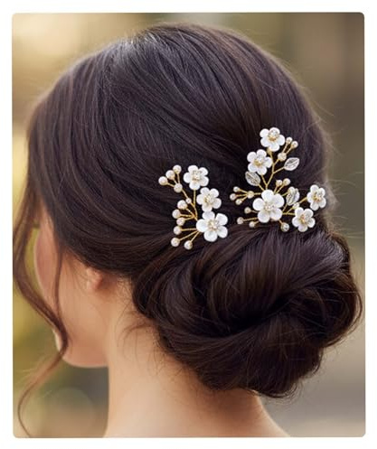 Fairvir Brud bröllop hårnålar blomma silver strass brud pärla hårnål hårtillbehör för kvinnor och flickor (förpackning med 2) (guld)