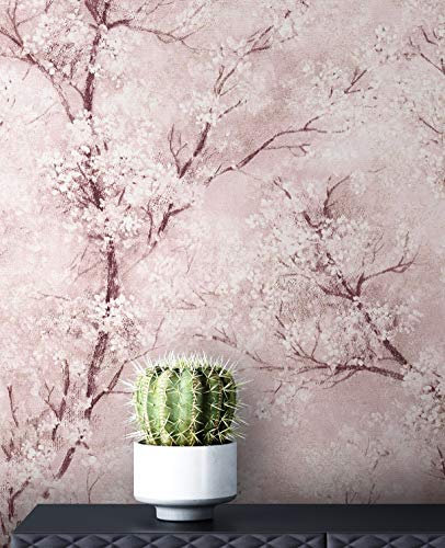NEWROOM Tapete Rosa Vliestapete Leicht Glänzend - Blumentapete Floral Weiß Grau Baum Blätter Mustertapete Modern Natur inkl. Tapezier-Ratgeber