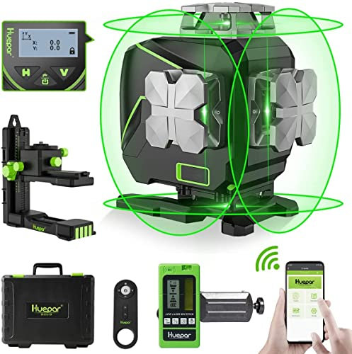 Huepar 16 Linien Selbstnivellierender Laser Level 4x360° Kreuzlinienlaser mit Empfänger - LCD-Bildschirm, 4D Bluetooth Grüner Strahl Fliesenbodenlaser, 360° Horizontaler/Vertikaler Laser S04-5RG