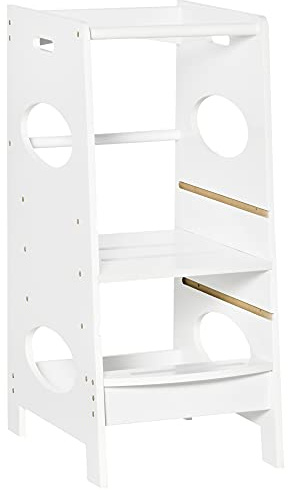 HOMCOM Torre Montessoriana in Legno, Altezza Regolabile 3 Livelli, Bianco