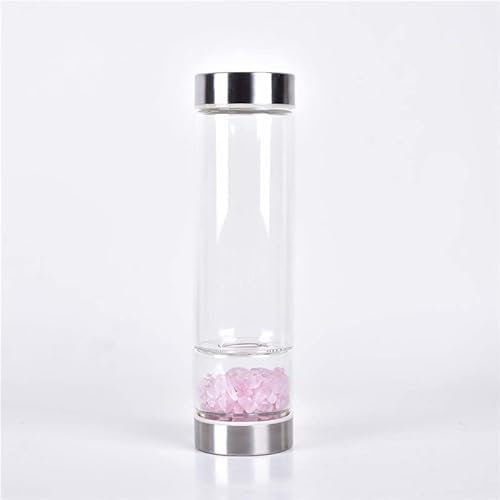 SAHKGYE Natural Crystal Water Bottle Reusable Gem Glass Water Bottle for Making Natural Quartz Crystal Elixir Infused Gemwater Bottle Crystal Point Energy Water Bottle 550Ml (Color : Pink crystal)