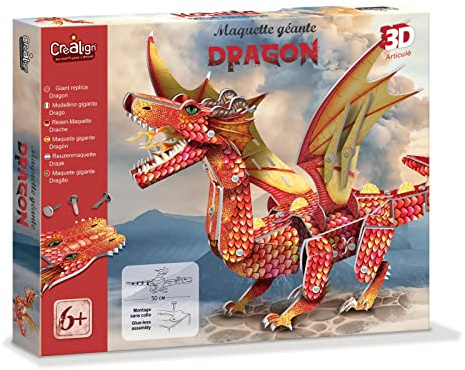 Créa Lign’ | Maquette Géante Dragon Articulée 3D | Puzzle 3D en Carton pour Enfant | Montage Facile Sans Colle avec Attaches Parisiennes | Largeur 50 cm | Loisirs Créatifs dès 6 ans