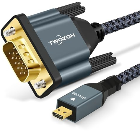 Twozoh Micro HDMI till VGA Kabel 3M. Guldpläterad flätad Micro HDMI VGA (Hane till Hane) stöder 1080P 720p kompatibel med bärbar dator, projektor, HDTV