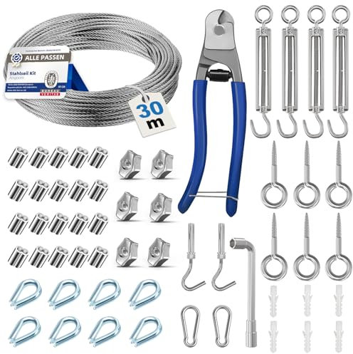 Angooni 30 m Stahlseil Set, Verdickt 3 mm Edelstahl Drahtseil, M5 Seilspanner Edelstahl Spannschloss, M5 Wandhaken, Stahlseil mit ösen, Rankhilfen für Kletterpflanzen, Gardinenseil, Zaun