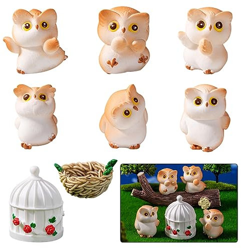 DeryArcle 8 Pièces Mini Statue Hibou, Sculpture Chouette Ornements de Animaux Résine Miniature Owl Figurines pour DIY Fée Jardin Paysage Pot de Fleur Bonsaï Patio Décoration Extérieur (Type A)