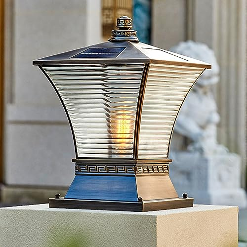 RCIDOS All Copper Column Head Lamp,Solar Outdoor LED Post Head Light Landscape Patio Stigma Lamps With Clear Glass IP54 Waterproof Exterior Garden Lantern Lighting for Main Gate Garden Villa Terrace L