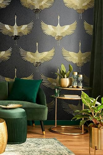 marburg 34532 Non-Woven Wallpaper Crane Birds Textile Look Black Gold Metallic